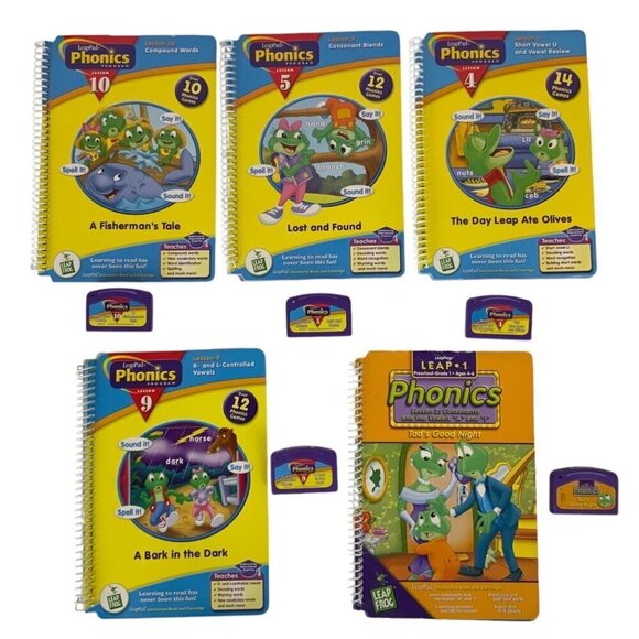 LeapFrog LeapPadPhonics Mixed Lot 5 Books & 5 Cartridges Lessons 1 4 5 9 & 10 - Picture 1 of 6